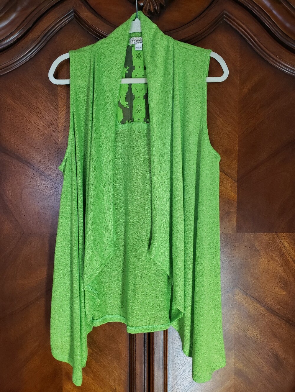 One World Lime Green Draped Front Knit Vest With Back Lace Insert On Upper Spine